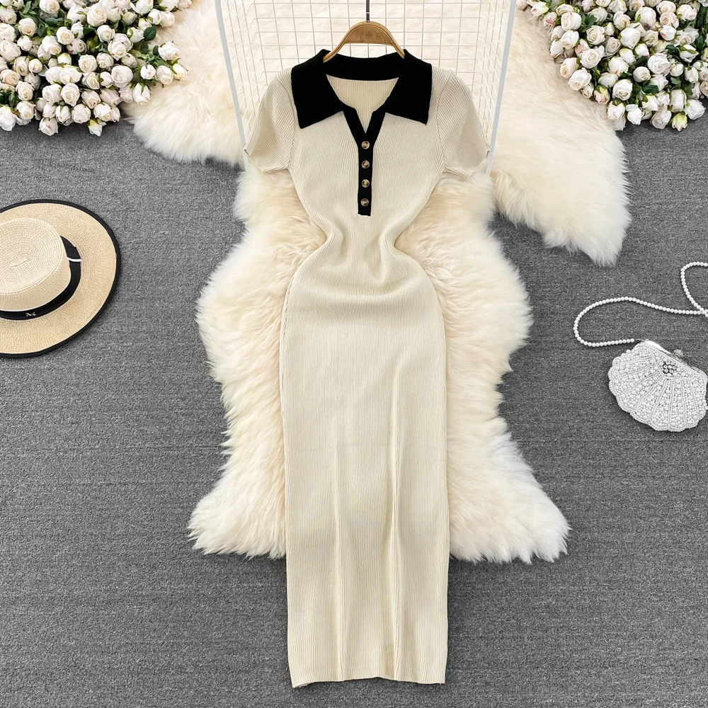 

Облегающее вязаное платье-свитер для женщин с воротником «Питер Пэн», сезон лето-осень, трикотажная одежда с коротким рукавом, длинные платья-миди