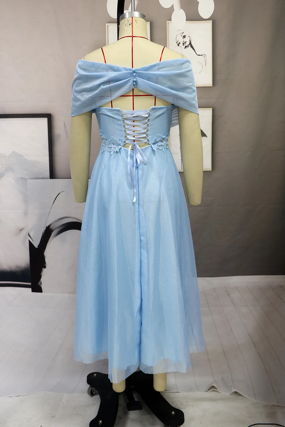 Bule Women Prom Dress 2023 Sexy Off-Shoulder Backless Long Dress Slim Waist A-Line Wedding Evening Party Occasion Dresses