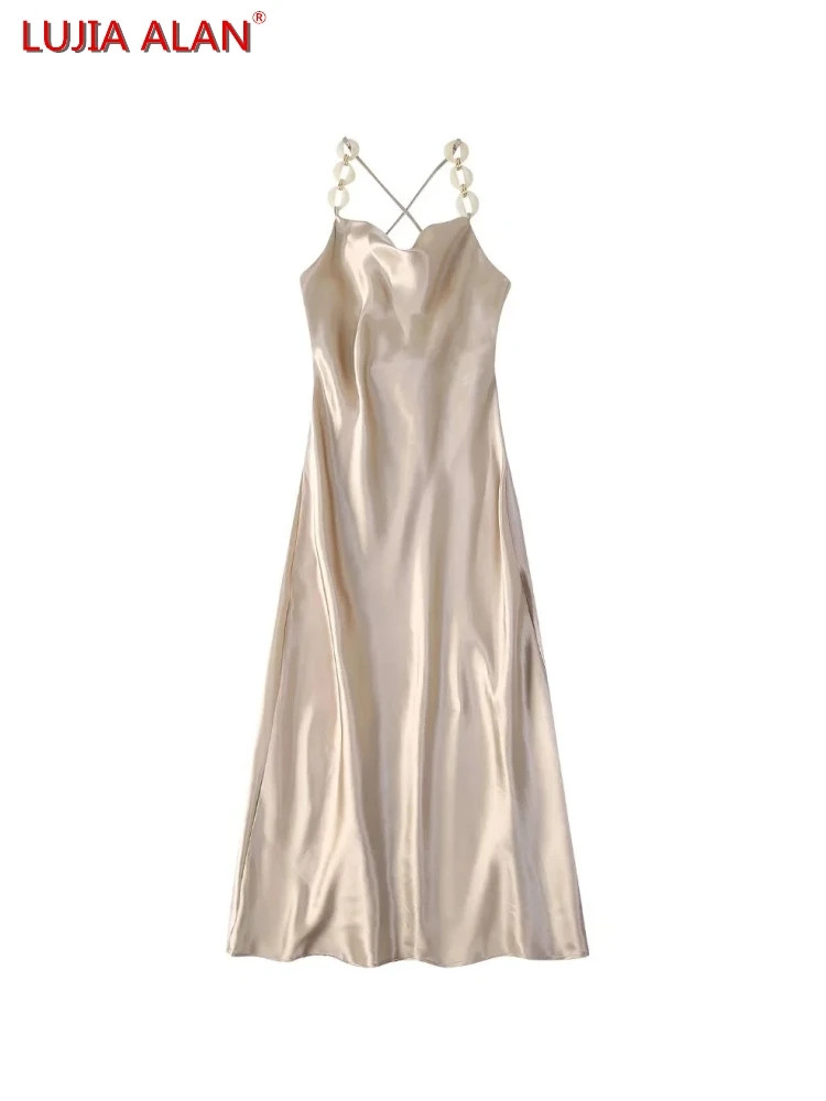 

Women Chain Decoration Swinging Collar Halter Dress Summer Female Sleeveless Satin Vestidos LUJIA ALAN WD139