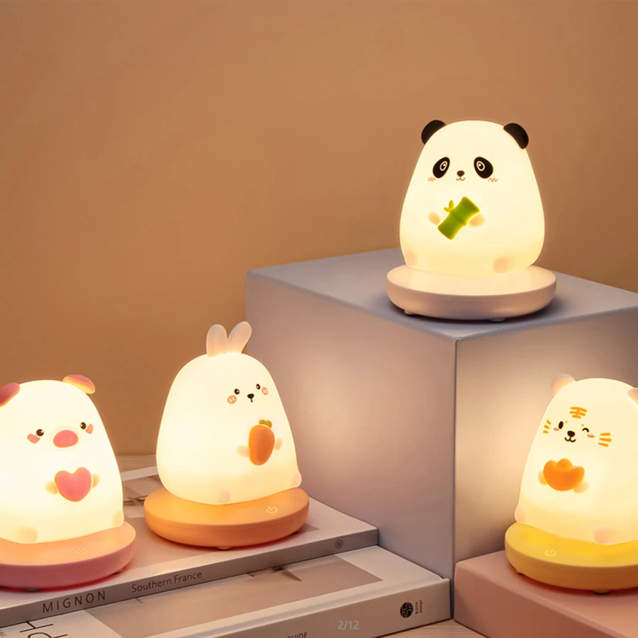 Night Light For Children Cute Animal Pig Rabbit  Rechargeable Bedroom Led Silicone Lamp Touch Sensor Dimmable Kid Holiday Gift