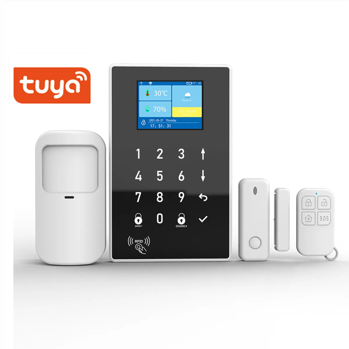 Enlarge Tuya Smart Life GSM+WIFI Home Security Burglar Alarm System RIFD Touch Keypad PIR Motion Sensor Door Contact Alarm Sensor