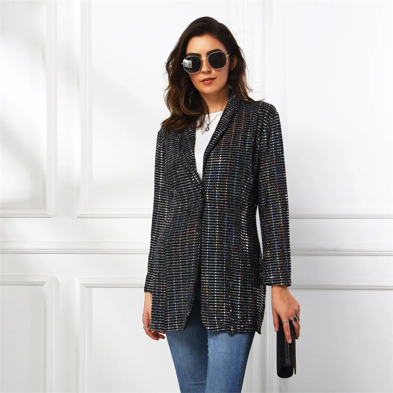 Fashion Sequin Blazer Women Bright Silver Single Button Casual Office Blazer Spring Autumn Work Suit Vintage British Style Slim