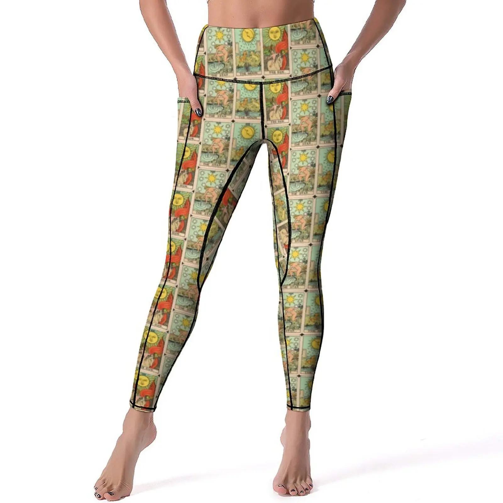 

Винтажные штаны для йоги с картами Таро, пикантные дизайнерские леггинсы от солнца, луны и звезд, леггинсы для тренировок с высокой талией, модные эластичные спортивные колготки