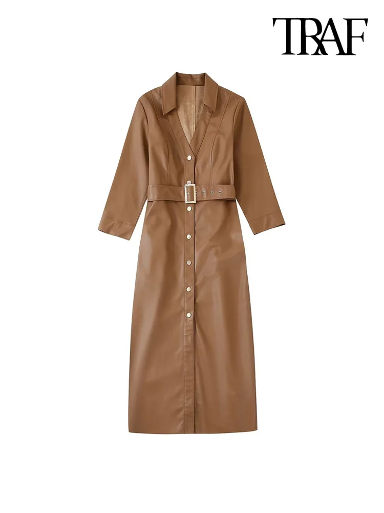 

TRAF Women Fashion With Belt Faux Leather Midi Dress Vintage Three Quarter Sleeve Snap-button Female Dresses Vestidos Mujer