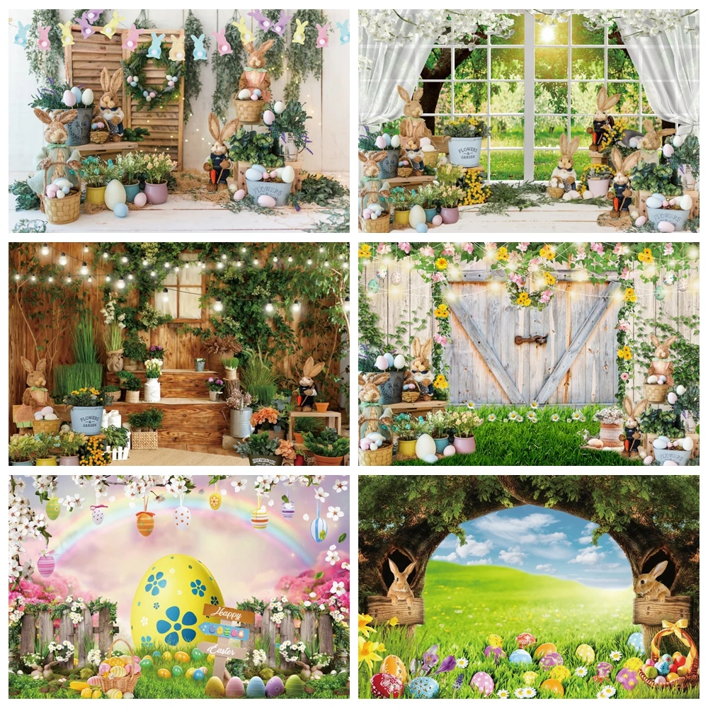 Spring Easter Photography Backdrop Rabbit Colorful Egg Garden Flower Wood Door Bunny Happy Baby Portrait Photo Background