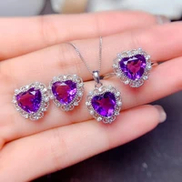 meibapj natural amethyst love heart fine wedding jewelry set 925 pure silver necklace ring earrings 3 pieces suit for women