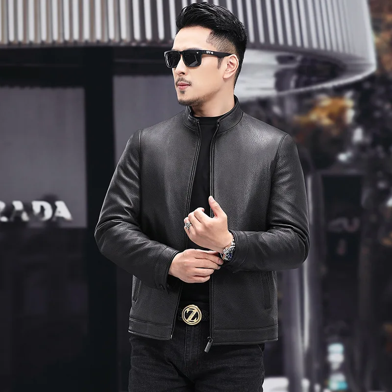 

Winter Men's Black Color Down Coat Sheep Leather Short Warm Coat Stand Collar Casual