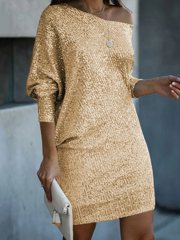 

Elegant Dresses For Women Sexy Glamorous Party Mini Skirts Slash Neck Batwing Sleeve Sequin Bodycon Mini Dresses 2022