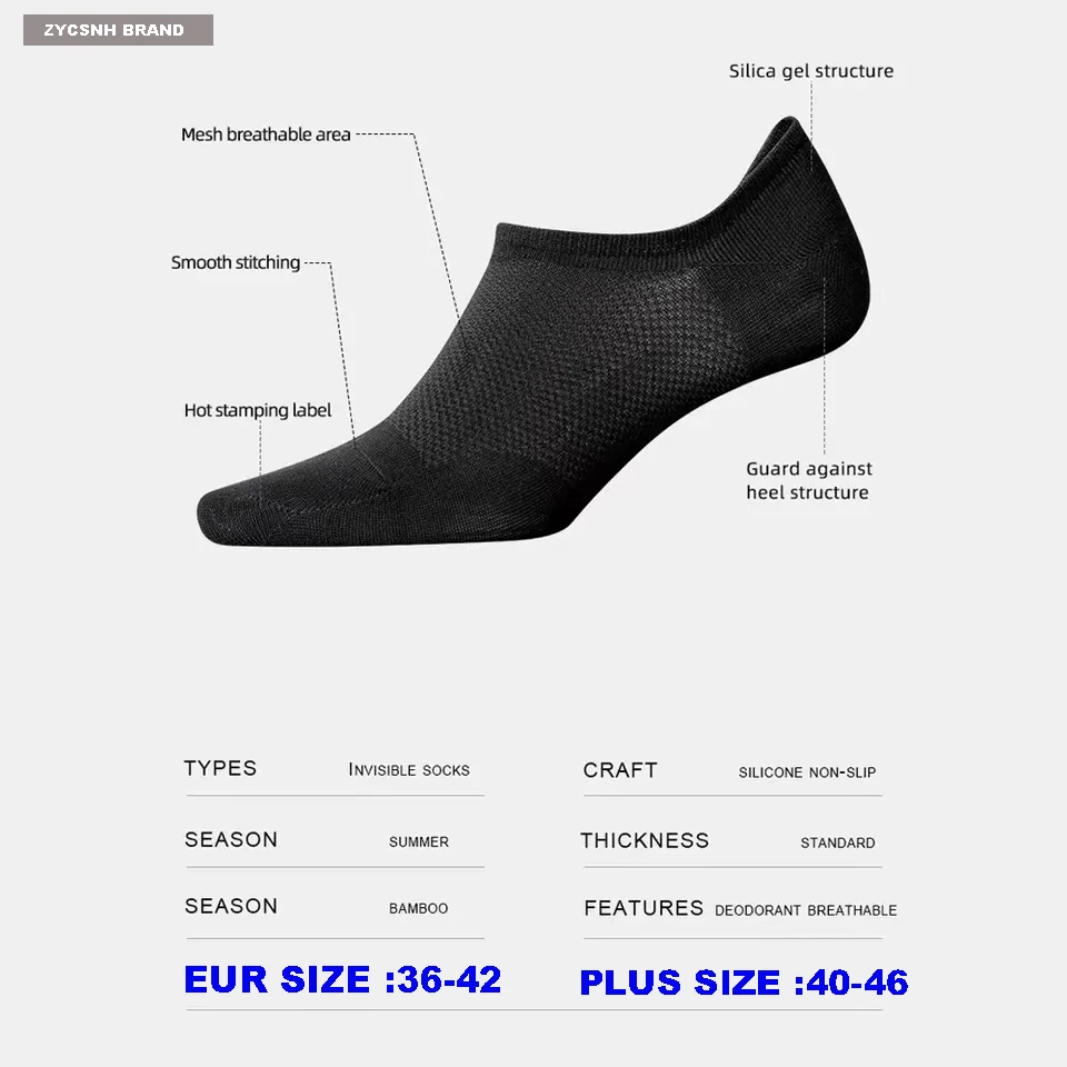 10Pairs Bamboo Socks Thin Summer Men's Invisible Socks Absorbent Deodorant Harajuku Bamboo Fiber Mesh Short Sock Black Plus Size