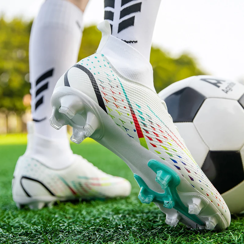 QNX-D599 Ultralight Mens Soccer Shoes Non-Slip Turf Soccer Cleats Kids High-top TF/FG Training Football Sneakers Chuteira Campo