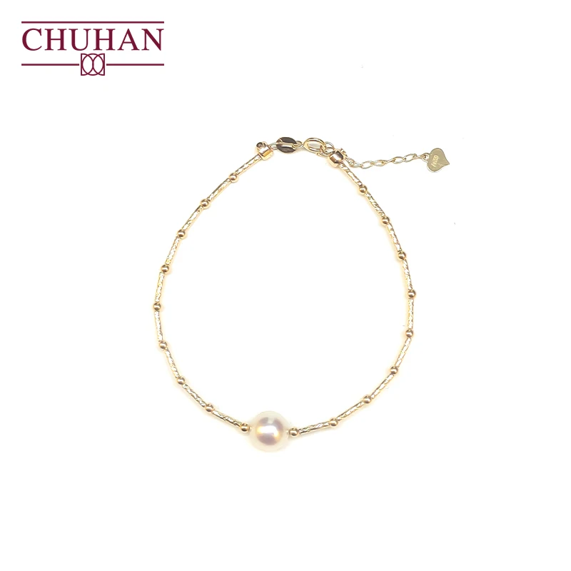

CHUHAN Real 18K Gold Japan Akoya Natural Pearl Bracelet Au750 Elastic Hand Loop Gifts for Women Fine Jewelry