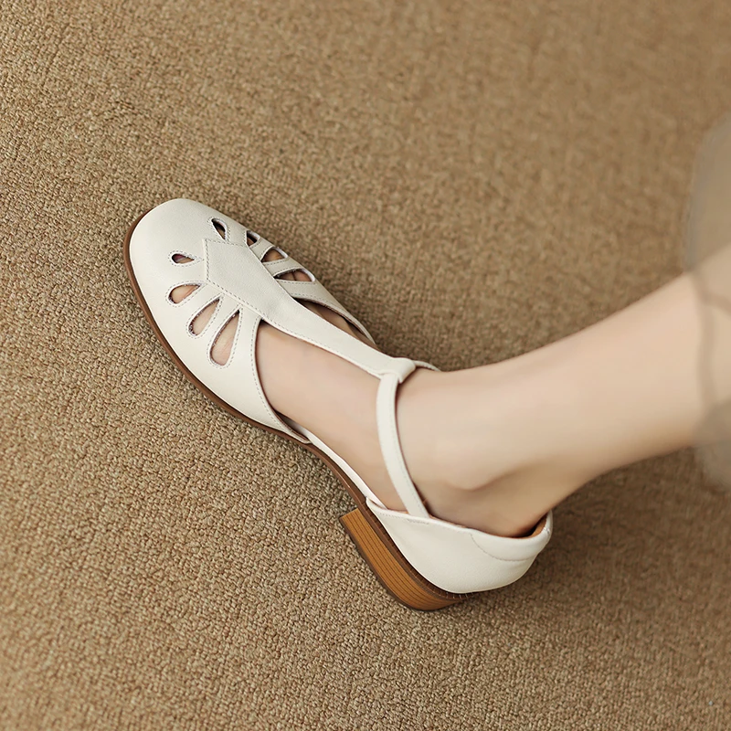 

Elegant Closed Toe Shoes Female Retro French Style Simple Shoes Cowhide Spring Vintage Daily Shoes Summer Gladiator Sandals