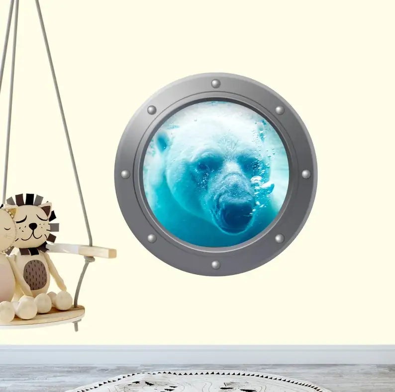 

Polar Bear Nautical Wall Decals Nursery Room. Porthole Window Wall Decor. Ocean Life Mural. Marine Life Decals. Portscape View D