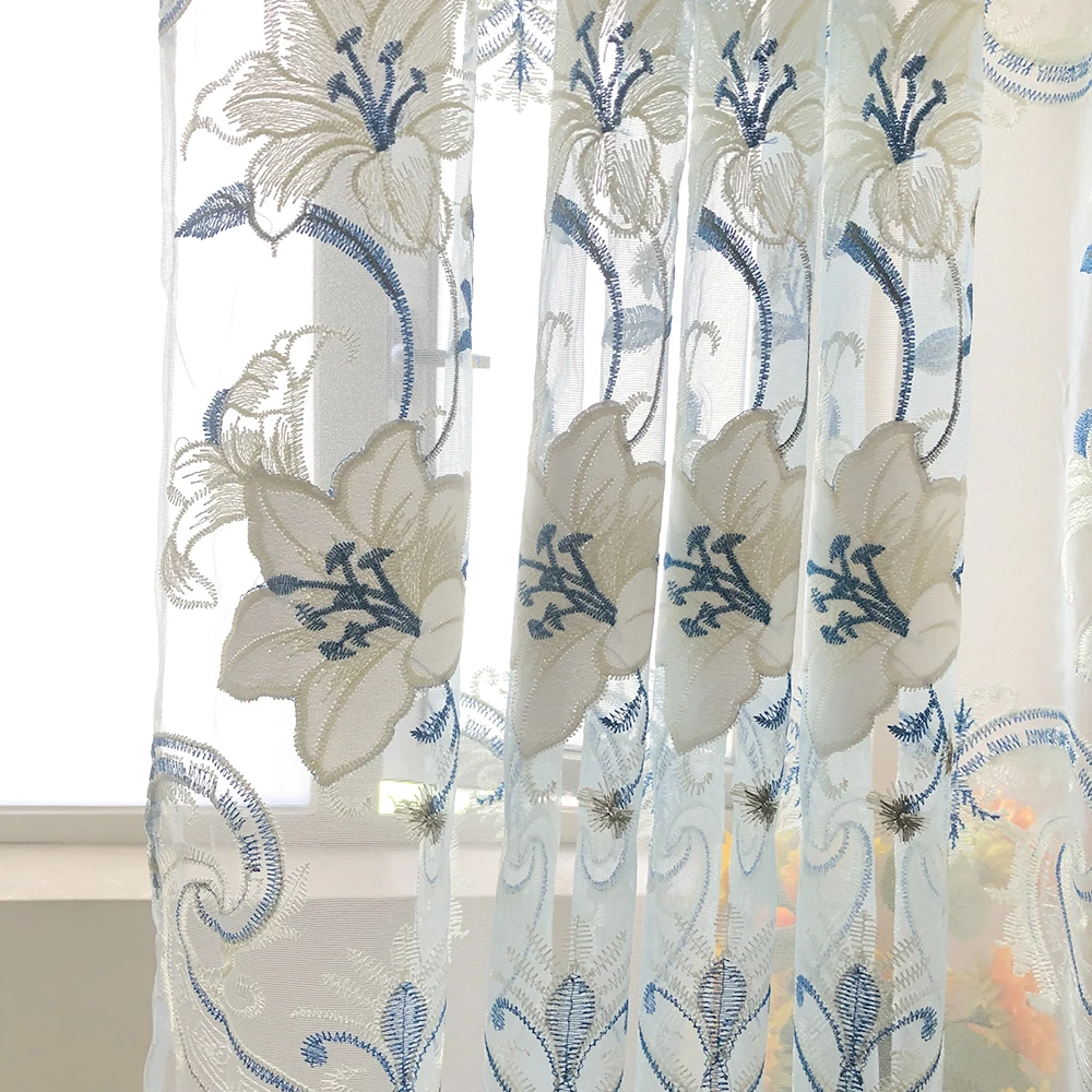 Elegant Light Blue Floral Sheer Embroidered Curtains For Living Room Bedroom Lace Window Treatment Voile Panel Drape