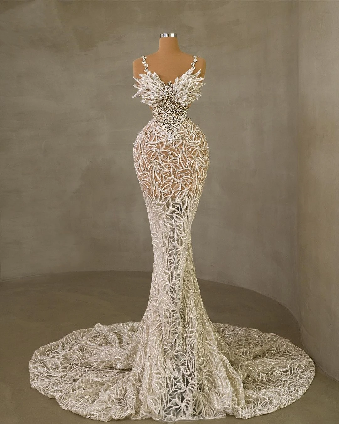 

Luxury Pearls Crystal Mermaid Prom Dresses Spaghetti Straps Formal Illusion Evening Gowns Custom Made Robe De Soirée