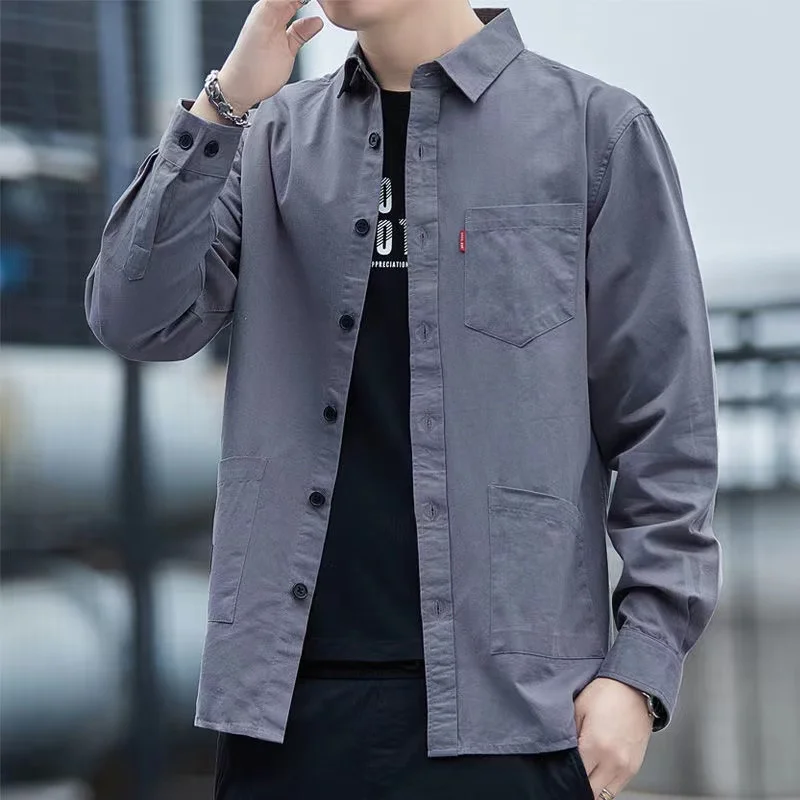 Men'S Shirts Spring Autumn Casual Shirt Top Tooling High-End Cotton Loose Long-Sleeved Shirt Square Neck Standard Menswear