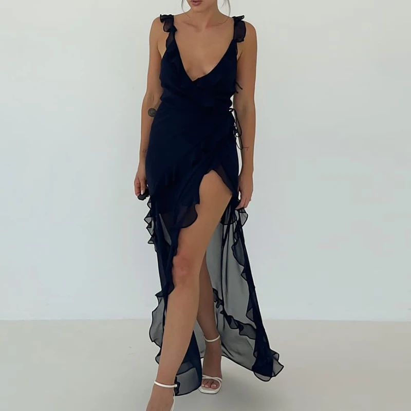 

Женское прозрачное Сетчатое платье с рюшами, длинное облегающее Клубное платье-макси с лямкой на шее, рюшами, бахромой, открытой спиной и разрезом