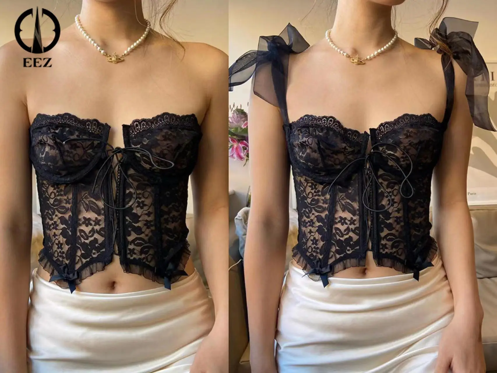 

【See Through】 Sexy Black Lace Crop Top Women Goth Dark Academia E Girl Clothes V-neck Tie Up Cami Y2k Aesthetic Coquette Tank
