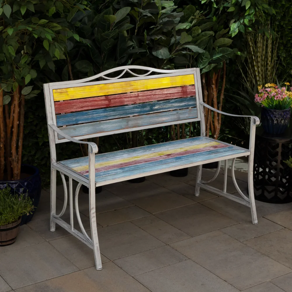 

Alpine Corporation Multicolored Weathered Wood and Metal 2-Person Outdoor Garden Bench