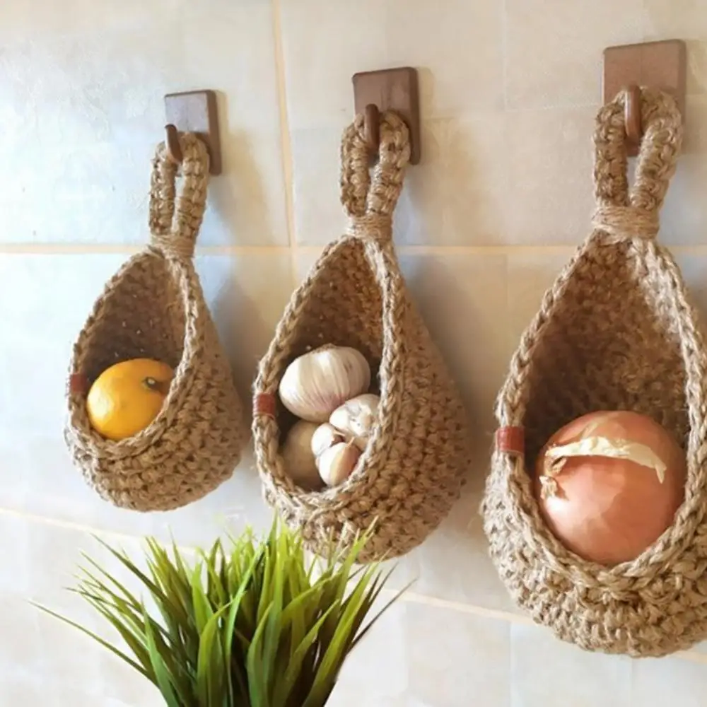 

Wall-mounted Sundries Storage Bag Hanging Wall Vegetable Fruit Baskets Organize Bag Jute Eco Teardrop Bohemian Handwoven Kitchen