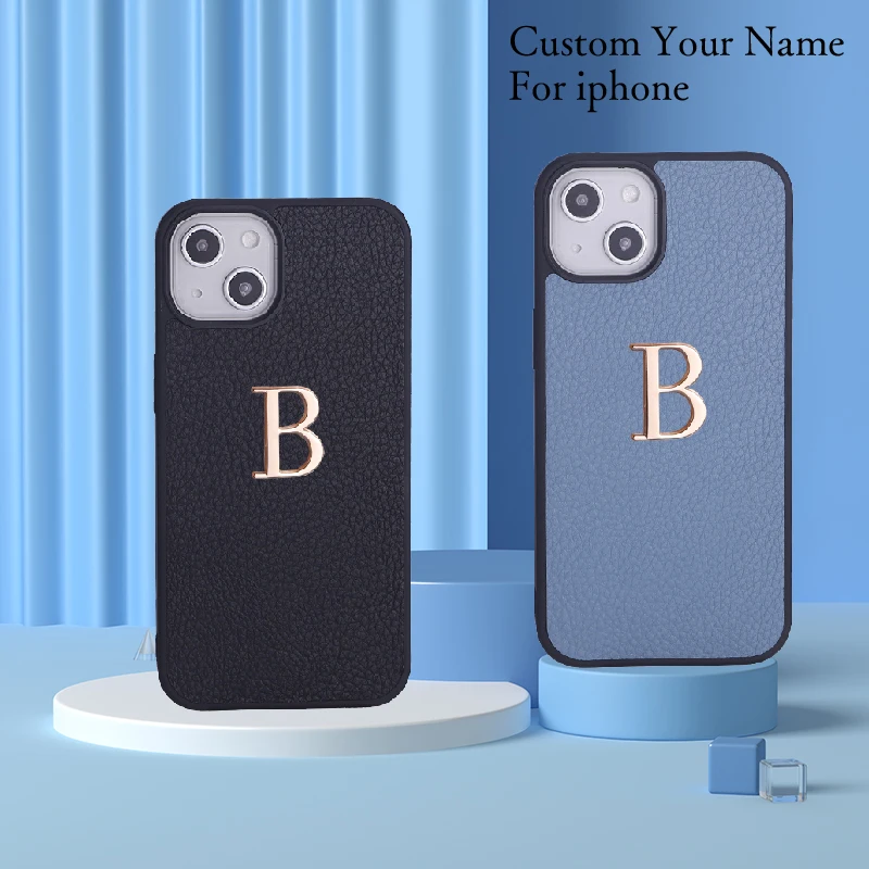 

DIY Custom Your Name A-Z Pebble Leather Metal Letter Phone Case For iPhone14 14ProMax 14Plus 13Promax Soft Silicone Phone Case