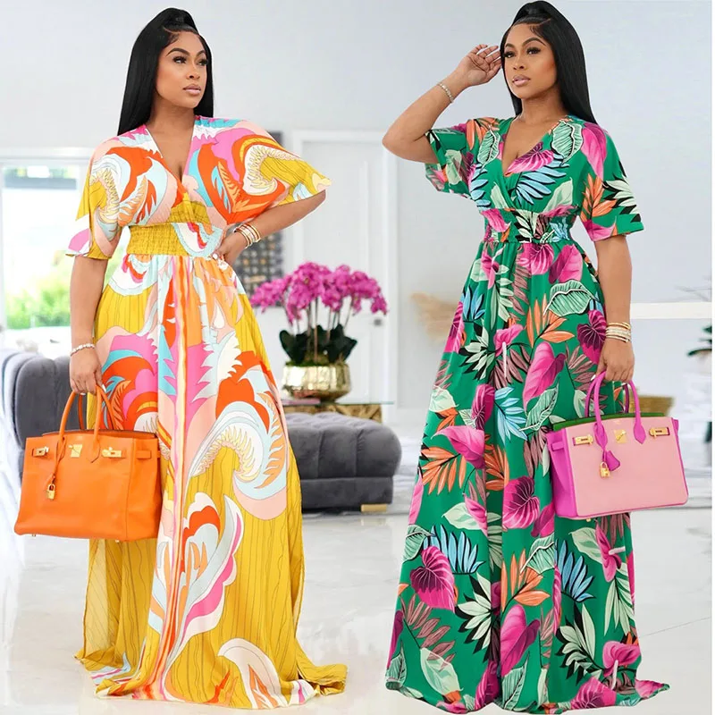 

African Dresses for Women Traditional Printed V-Neck Short Sleeve Tunic Long Dress Fashion Style Big Swing Robe Africaine Femme