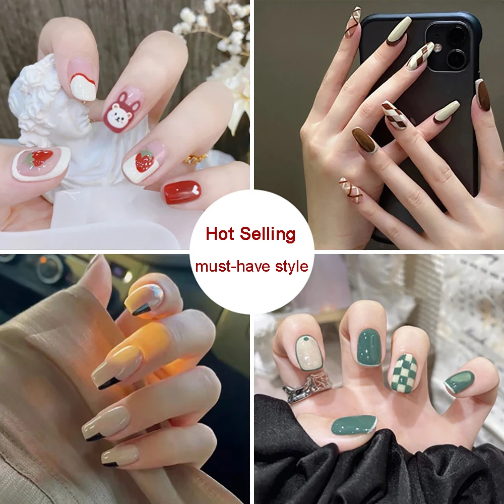 

24Pcs Nail Art Wearable Long Coffin Japanese and Korean French Fake Nails Finished Removable Nail Patch with Glue Detachable