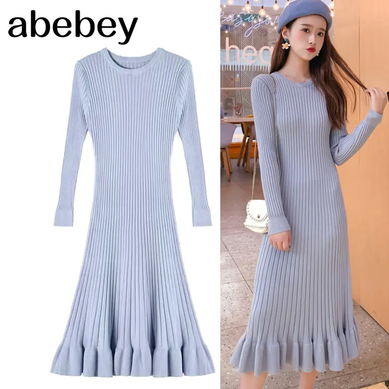 

Winter Autumn Fashion Lady Basic Warm Knit Sweater Dresses Slim Chic Ruffles Hem Midi Long Casual Knitwear Vetidos Mujer