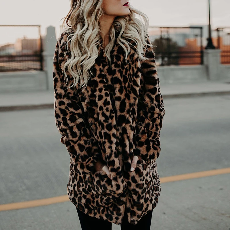 Women Winter Thick Warm Fashion Long Sleeve Luxury Leopard Print Faux Fur Coat Outerwear Artificial Fur Jacket Plush Clothing