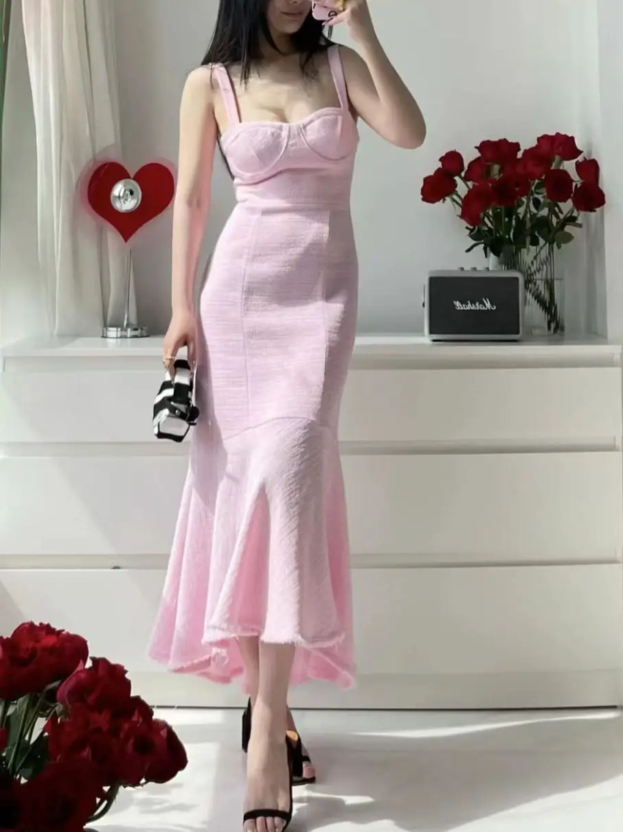 

XNWMNZ 2023 Women Fashion Elegant Texture Ruffled Dress Party Wide Straps Asymmetric Frayed Hem Female Chic Midi Dresses