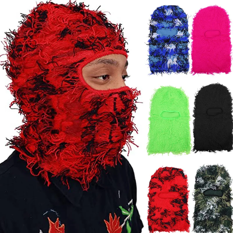 

Distressed Balaclava Ski Mask Knitted Full Face Winter Windproof Mask Neck Warmer Trending Distress Mask Beanie Cap for Adult