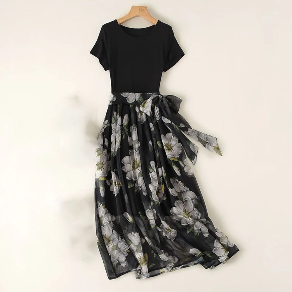 

Ins Summer Dress Long Skirt Women's Mulberry Silk Printed Chiffon Skirt Knee Fairy Skirt