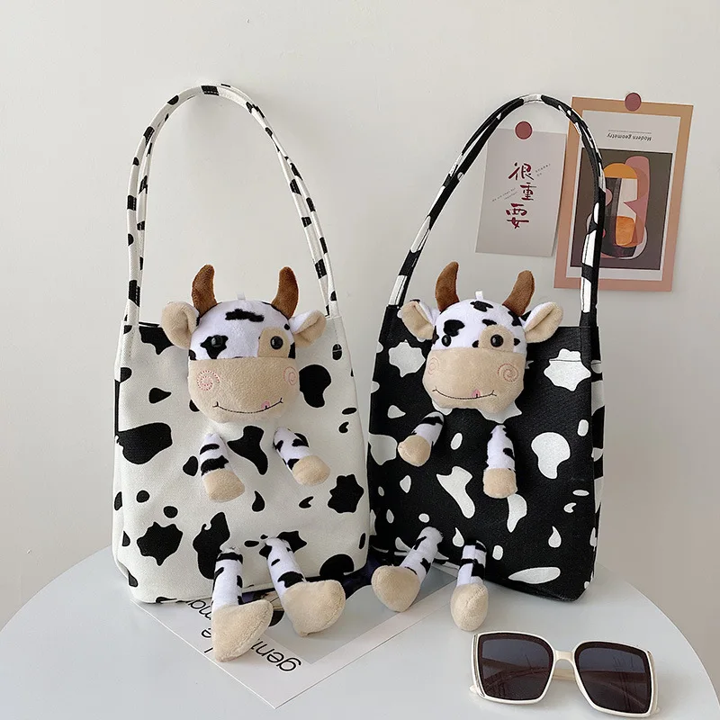 

Japanese Cute Harajuku Style Cow Canvas Bag Female Korean Girl White Black Cow Hand-held Shoulder Bag