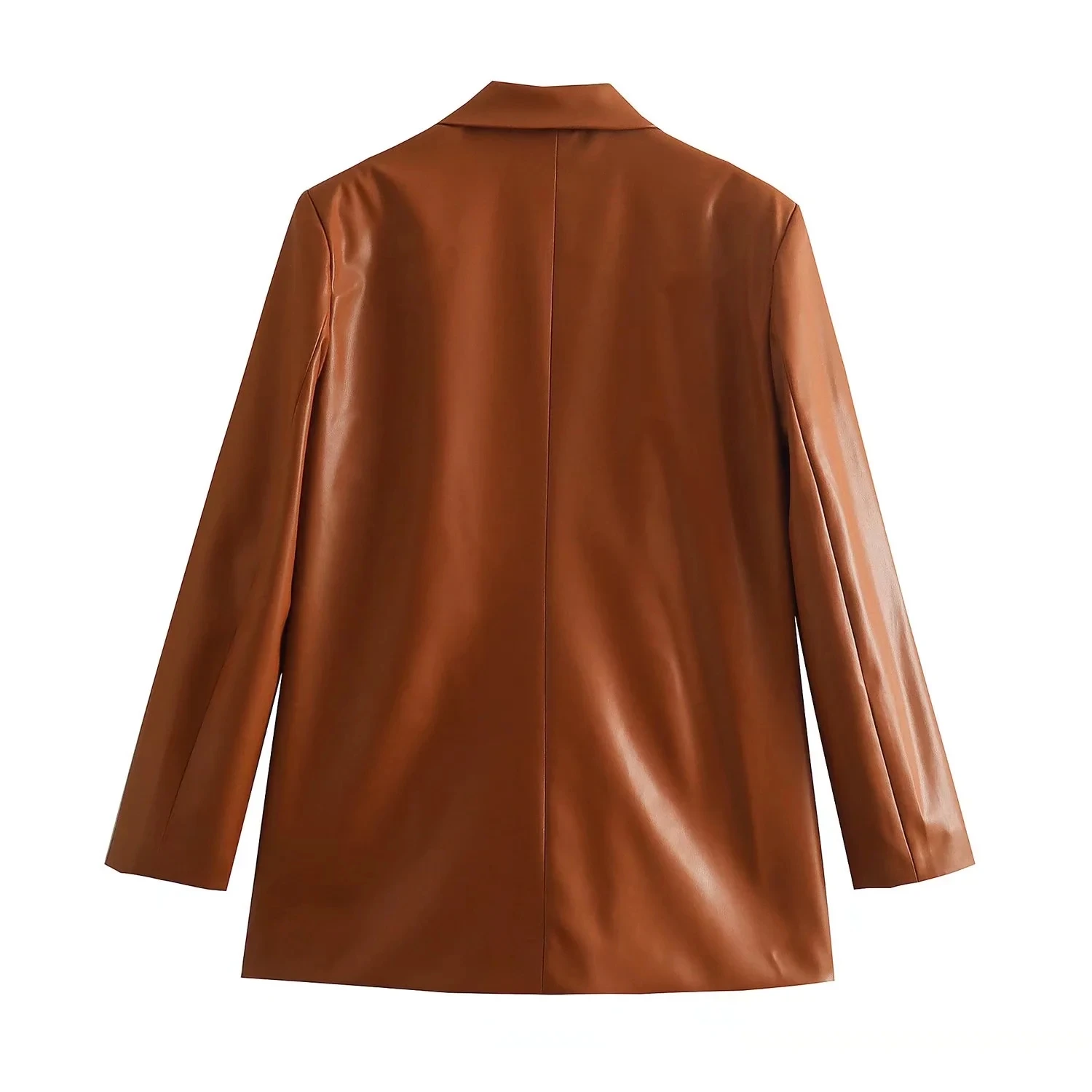 Spring And Autumn Women's Orange Faux Leather Single-Breasted Pocket Design Loose Blazer Fashion Senior Street Style