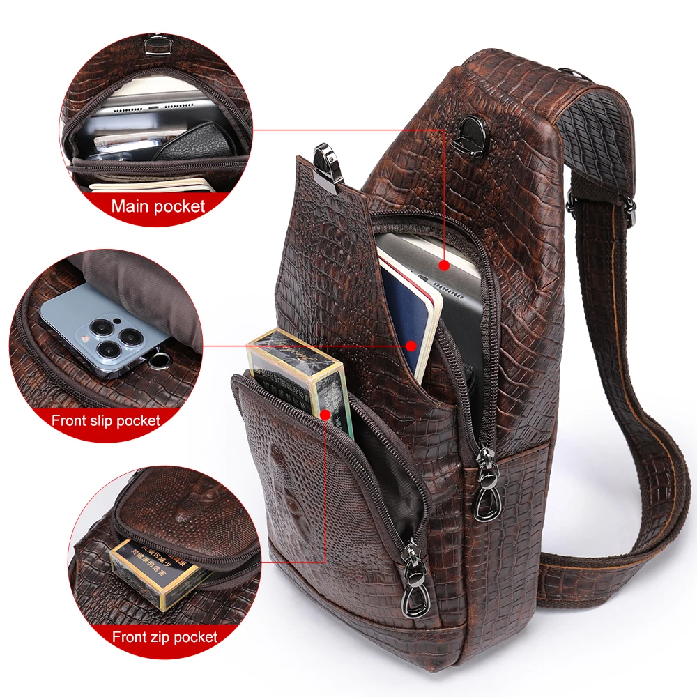 WESTAL Genuine Leather Sling Bag Anti-Thief Crossbody Personal Pocket Bag Chest Shoulder Bag for Travel Hiking Croco Design Bags images - 6