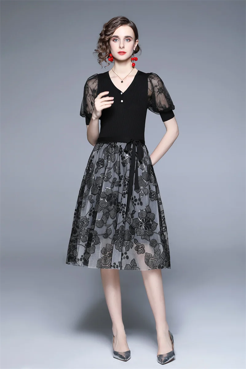 

High Quality Women Summer Elegant Knitted Patchwork Sequins Embroidery Lace Cocktail Party Robe Female Vintage A-Line Dress Muje