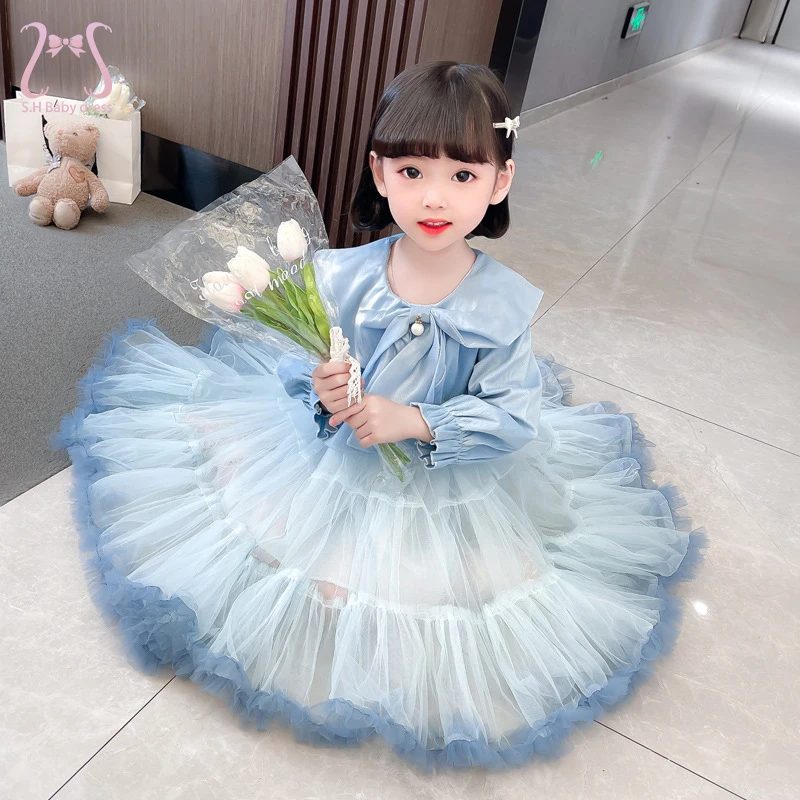 

Autumn Winter Kids Girls Party Princess Mesh Evening Dress Fashionable Temperament Long Sleeve Bow Pearl Children's Clothes