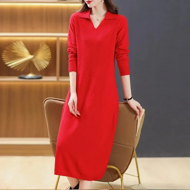 Осеннее новое шерстяное платье женский длинный пуловер свободное выше колена