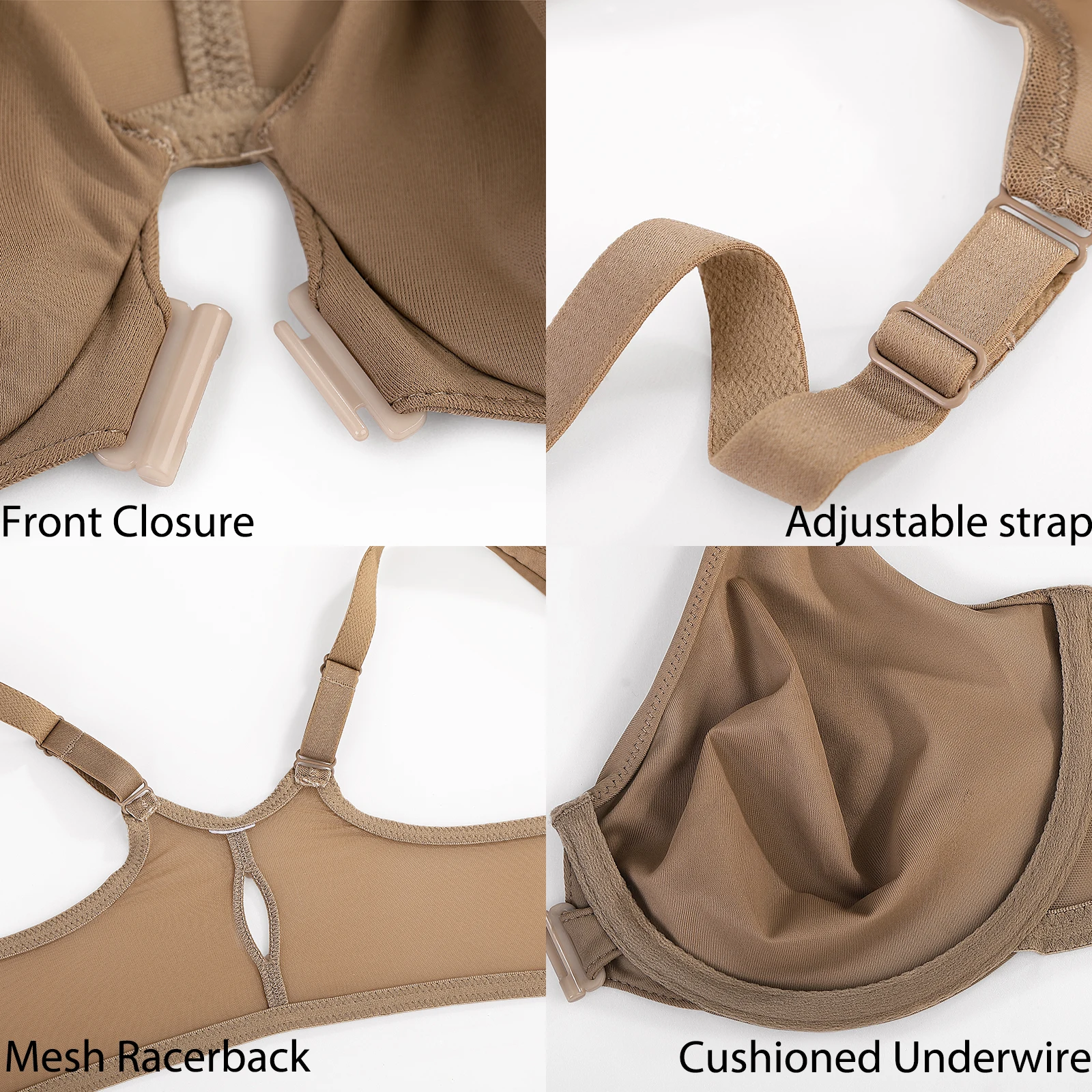 Women's Front Closure Bra Racerback Plus Size Unlined Underwire Full Coverage Plunge Bras 32-48 B C D DD E