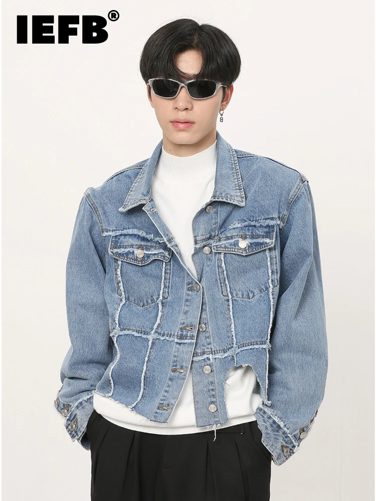 

IEFB Men's Coat Autumn New Irregular Shoulder Pad Denim Jacket 2023 Solid Color Turn-down Collar Long Sleeve Male Tops 9A5159