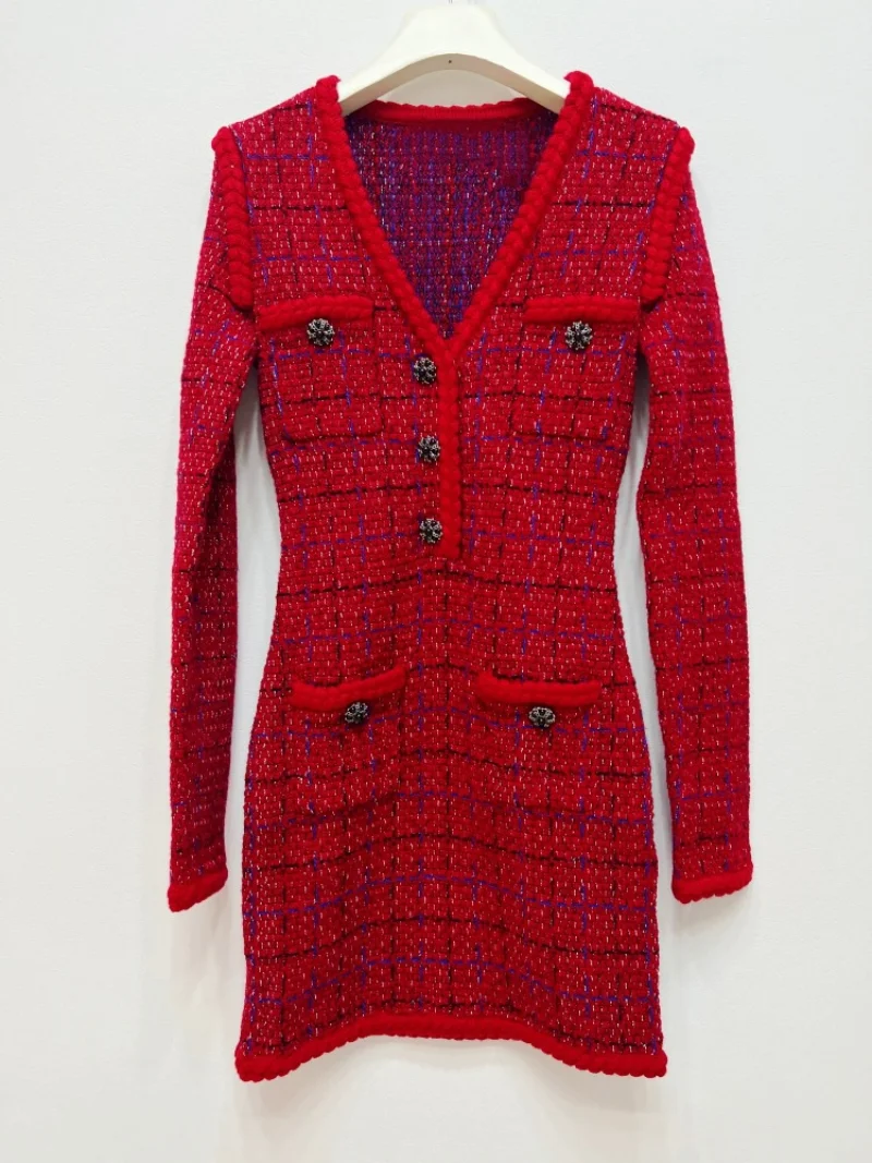 

Christmas Birthday Red Plaid Knitted Sweater Dress Women Fashion Designer V neck Long Sleeve Thick Warm Mini Bodycon Dress
