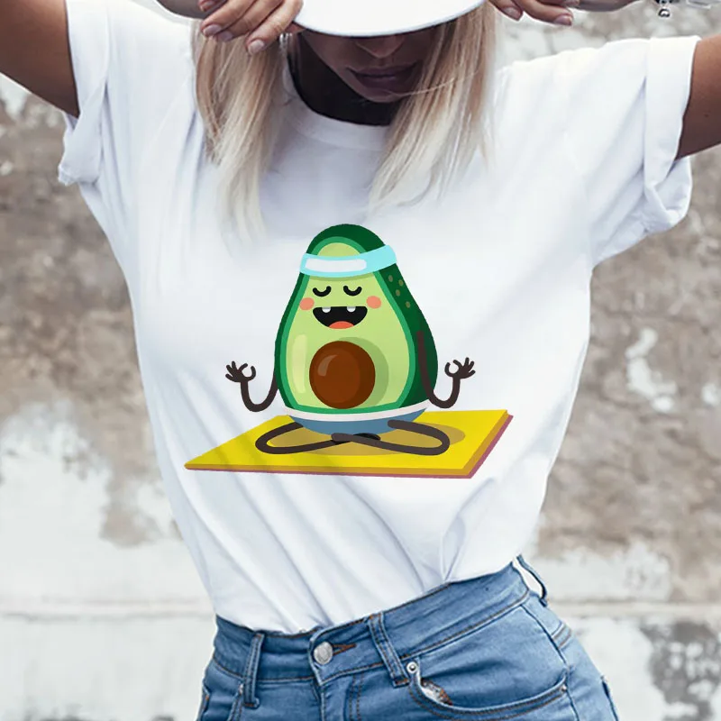 

Модные футболки с принтом йоги и авокадо для женщин, повседневные женские футболки, одежда Харадзюку, кавайная футболка с коротким рукавом, ...