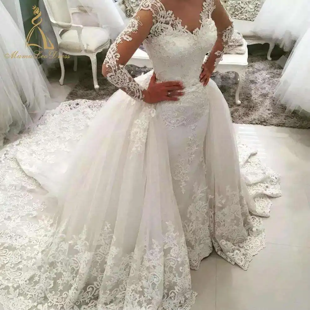 

Removable Lace Coverlet Bridal V Neck Tulle Appliqued Luxury Illusion Long Sleeve Wedding Dress With Detachable Train