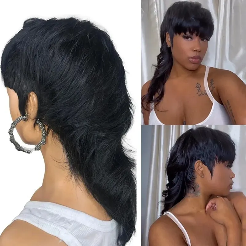   Dovetail Straight Remy Human Hair Wig Full Machine Made Wig With Bangs Glueless Short Pixie Cut Mullet Wigs Ready To Wear 
