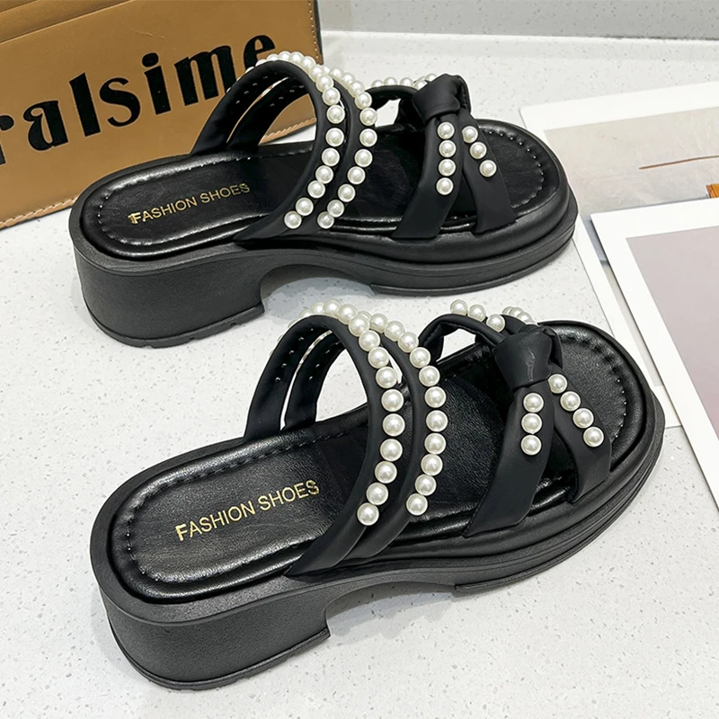 

Женские шлепанцы на платформе, повседневные шлепанцы со шнурками и бусинами, сандалии на среднем каблуке с открытым носком, сланцы, Классич...