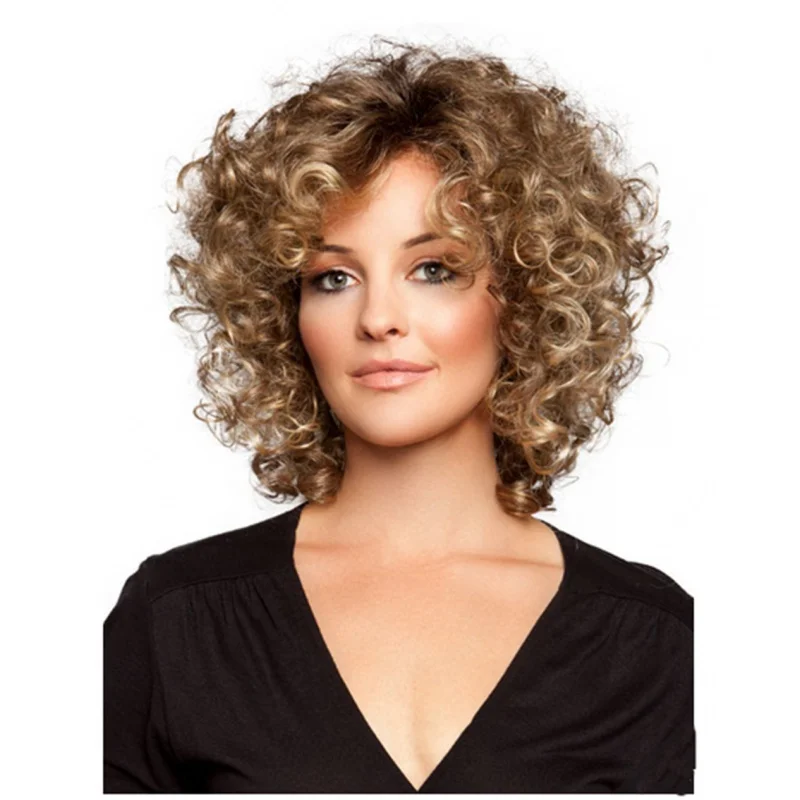 

SuQ Medium Length Short Cosplay Wigs Brown Blonde Color Afro Curly Wavy Hair Replacement Wigs for Women American Synthetic Wigs