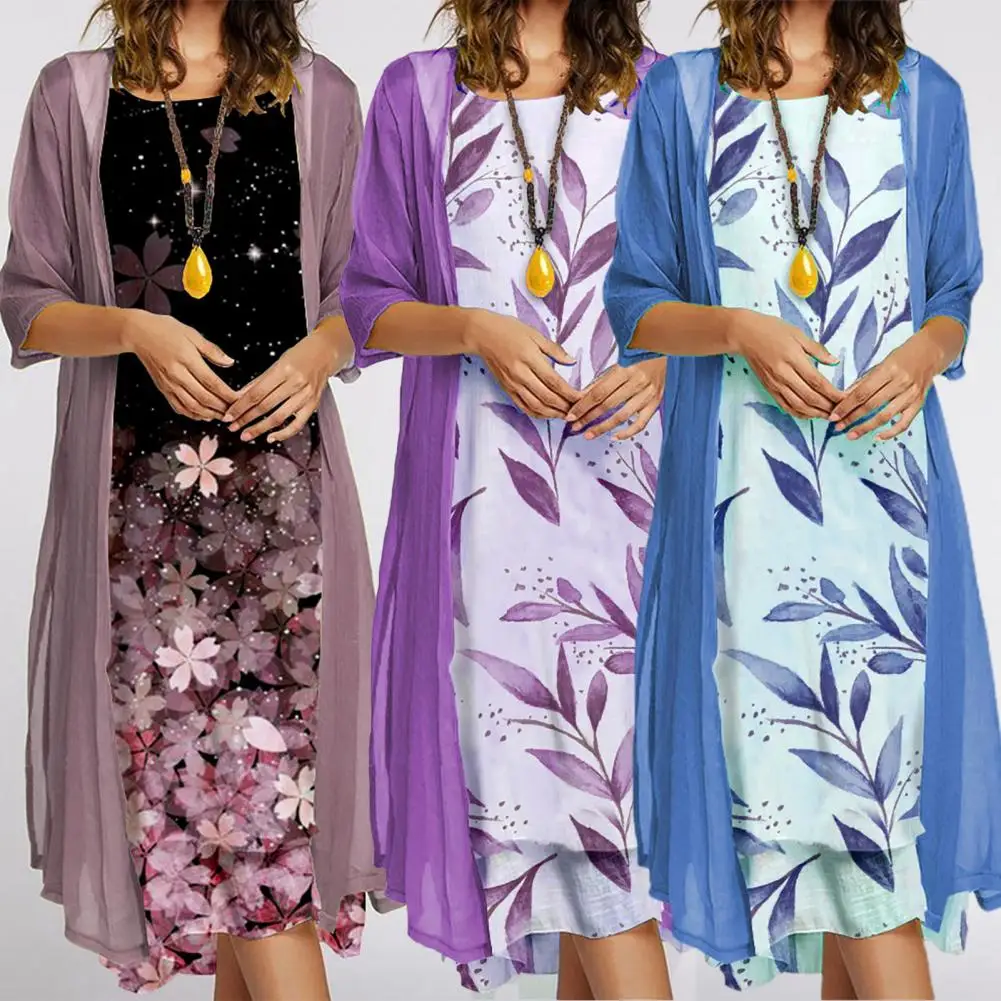 

1 Set Casual Cardigan Dress Set O Neck Large Hem Female Vintage Round Neck Dress
