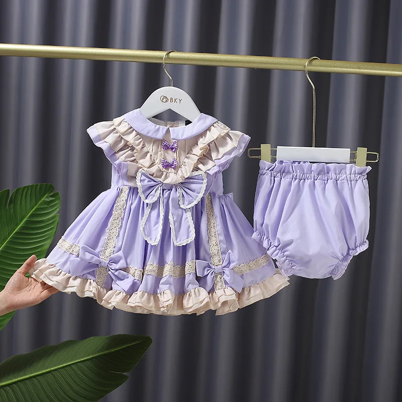 

Spanish Baby Dress Children Princess Lolita Dresses with Pants Infant Birthday Party Clothes Toddler Girls Big Bow Ball HY006
