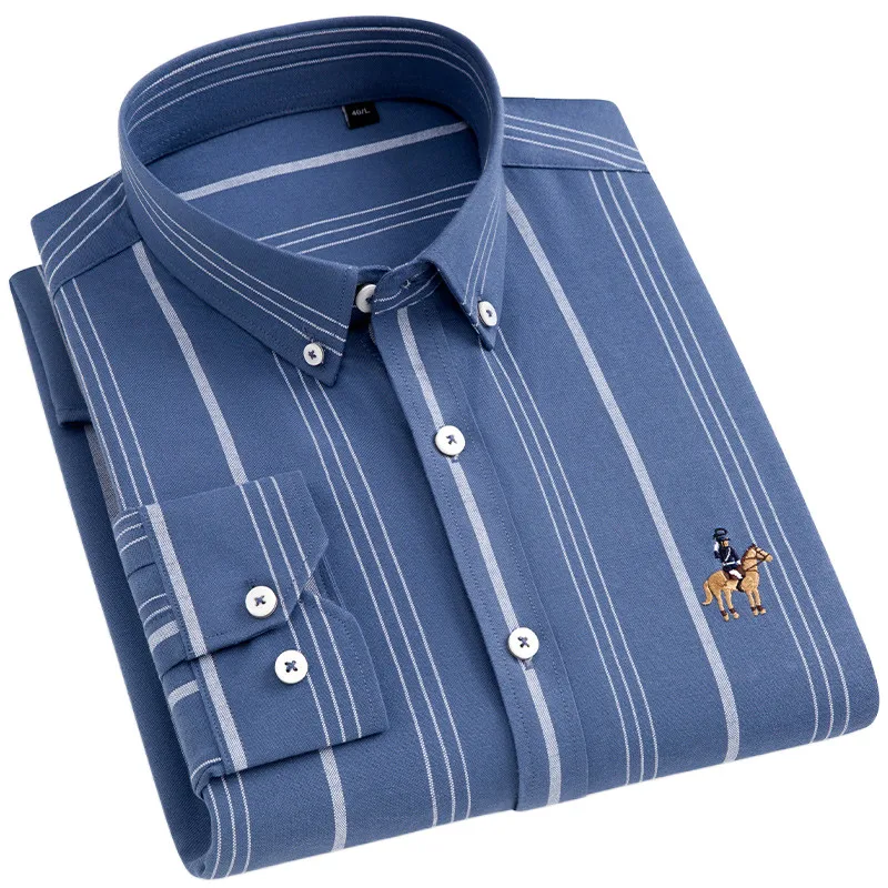 New Men's Oxford Stripe Shirts Autumn Long Sleeve Fashison Business Formal Man Shirt Without Pocket Regular Fit Social Clothes