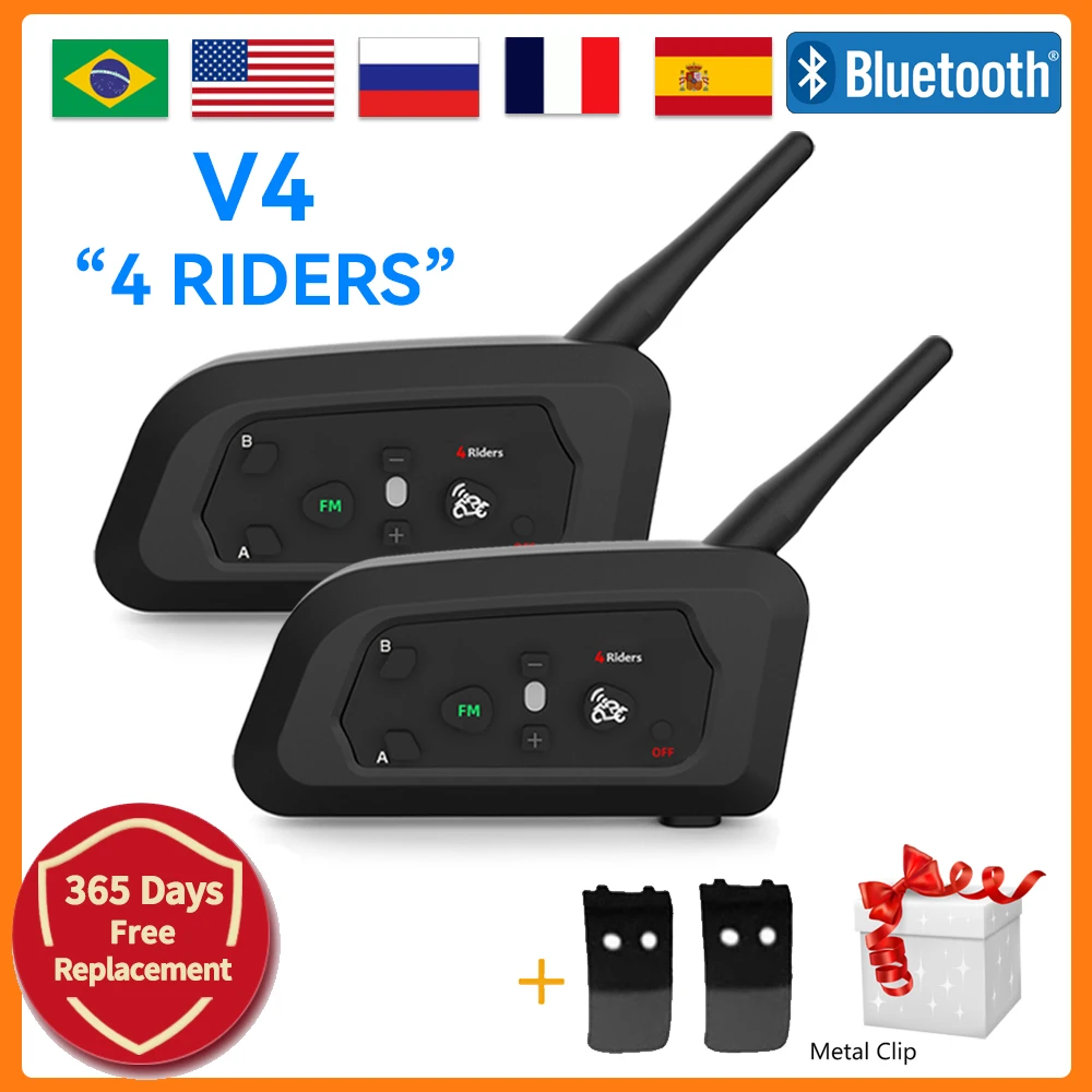 

V4 Motorcycle Bluetooth Intercom Helmet Headset Wireless Interphone Communicator Free Full Duplex with Referee Skiing 4 Riders